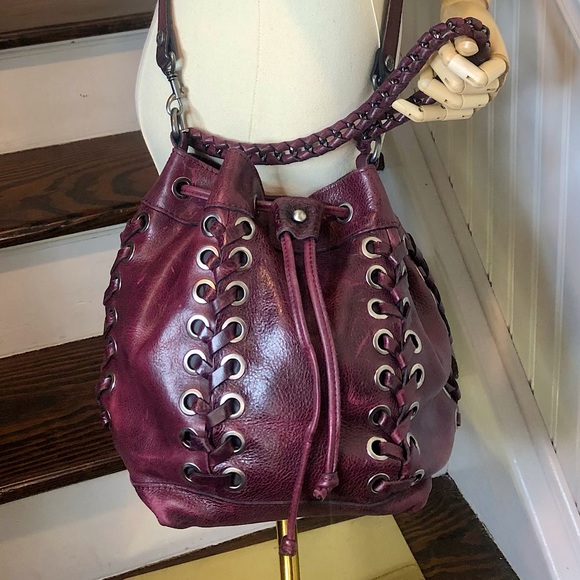 PATRICIA NASH Red Wine Woven Leather Crossbody Shoulder Bucket Bag w/ Grommets - Picture 5 of 17
